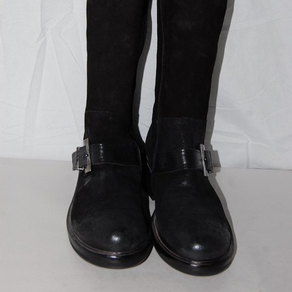 38/7.5❤️ MOMA Women Black Distress Suede Leather Biker Riding TALL Boots ITALY